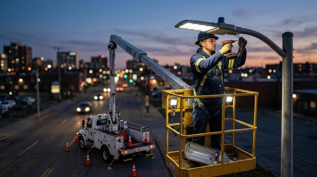 A street light technician installing a new LED lamp on a utility pole using a cherry picker at dusk, focused on maintaining and upgrading urban lighting infrastructure for improved public safety. 