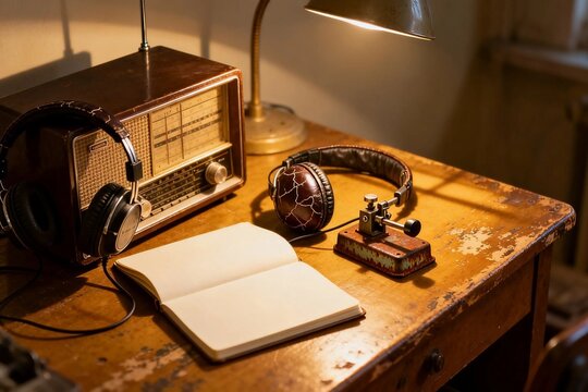 Vintage radio and headphones on wooden desk