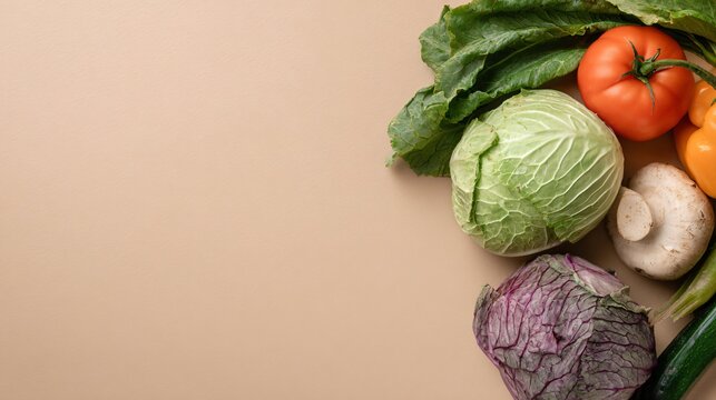 A minimalist composition of a few fresh vegetables placed in one corner of a pastel beige background with wide negative space