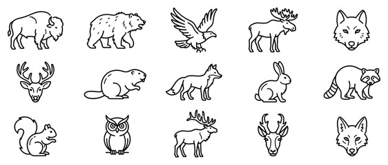 Fototapeta premium North American animal icons set. Wildlife and nature concept. Includes bison, bear, eagle, moose, wolf, deer, beaver, fox, rabbit, raccoon, squirrel, owl. Flat and line style