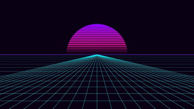 Abstract seamless loop of synthwave wireframe grid road and purple sun