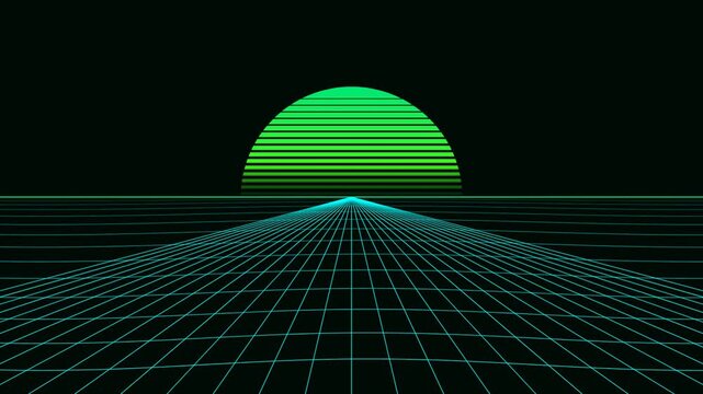 Abstract seamless loop of synthwave wireframe grid road and green sun