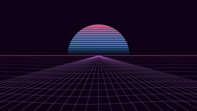 Retro synthwave grid background with glowing neon sun loopable motion graphic.