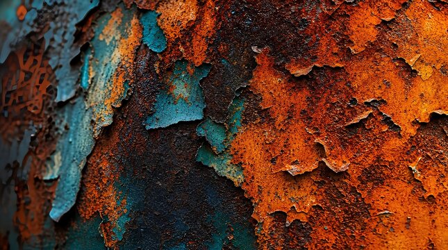 Abstract macro texture of heavily rusted and corroded metal with peeling teal paint revealing vivid orange rust beneath, striking contrast of industrial decay for art and design backgrounds.