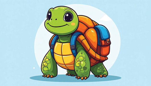 Smiling turtle with colorful backpack on.