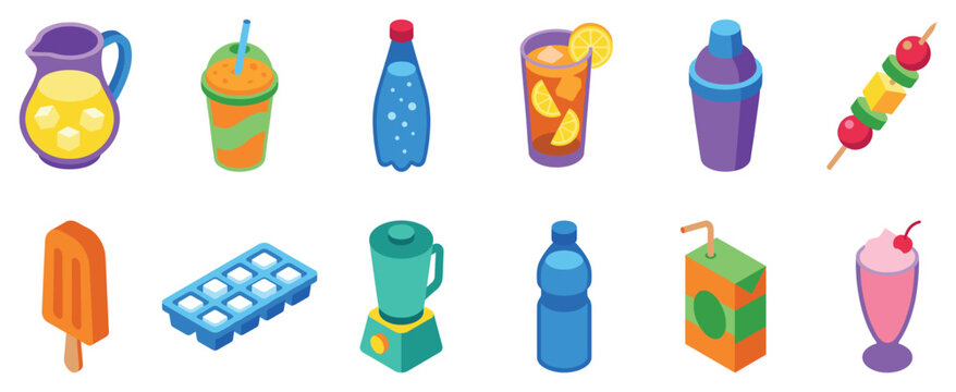 Summer drink icons set. Refreshing beverages and treats concept. Includes lemonade pitcher, smoothie, water bottle, iced tea, cocktail shaker, fruit skewer, popsicle, ice cube tray, blender,