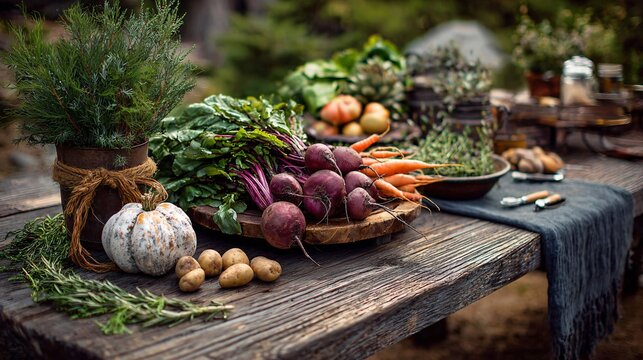 A rustic outdoor composition with produce on a wooden table surrounded by natural textures
