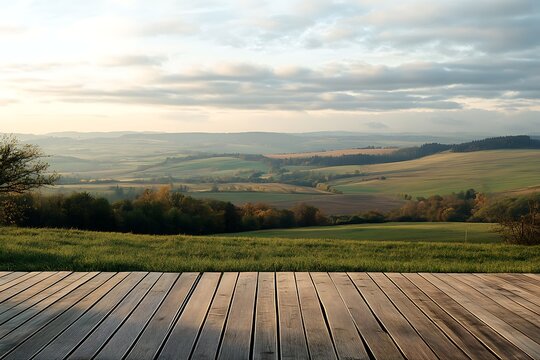 Wooden deck overlooking a scenic rolling landscape at sunset