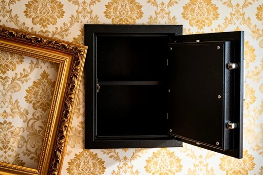 Open Safe Box with Ornate Frame Against Patterned Wallpaper