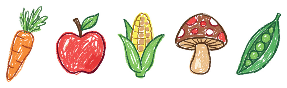 Fruit and vegetable icons set. Healthy eating and natural food concept. Includes carrot, apple, corn, mushroom, pea pod. Hand-drawn crayon style