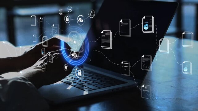 Businesses using AI in automation, office storage, scanning, paperless search, digital document management systems, big data cloud databases, cutting-edge holographic folders, and virtual displays