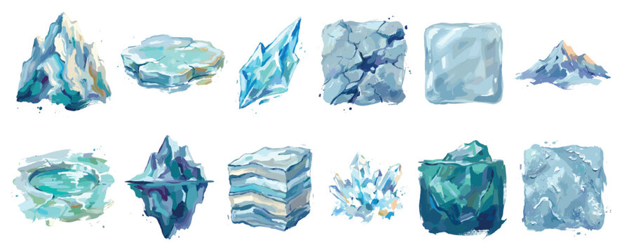 Ice and glacier icons set. Winter and cold climate concept. Includes icebergs, ice floes, ice cubes, ice crystals, frozen lake, frozen mountain. Watercolor style