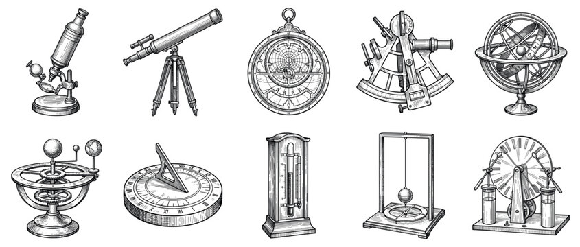 Science and invention icons set. Vintage scientific instruments concept. Includes microscope, telescope, astrolabe, sextant, armillary sphere, orrery, sundial, thermometer, pendulum,