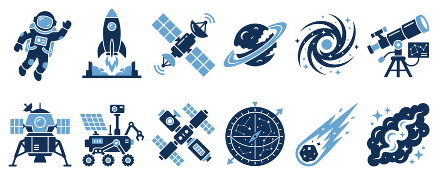 Space exploration icons set. Astronomy and cosmic journey concept. Includes astronaut, rocket, satellite, planet, galaxy, telescope, lander, rover, comet, nebula. Solid black silhouette