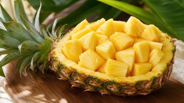 Ripe golden pineapple chunks fill a hollowed pineapple half resting on a wooden board surrounded by tropical green leaves, a vibrant summer fruit serving idea for food and health brands.