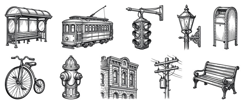 City street elements icons set. Urban infrastructure and vintage transport concept. Includes bus stop, tram, traffic light, street lamp, mailbox, penny-farthing, fire hydrant, building,