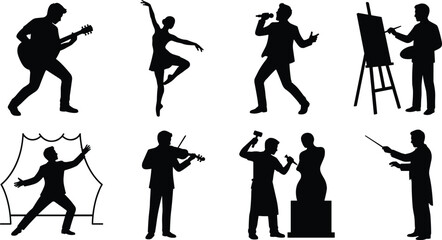 Creative Artist and Performing Arts Silhouette Collection with Music Dance Painting and Sculpture Vector Set © MD MIJANUR