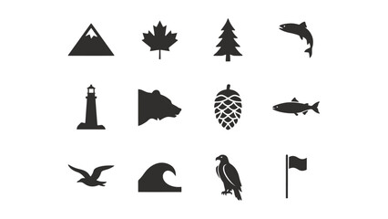 Obraz premium Minimalist black silhouette icons showcasing nature and coastal elements for branding