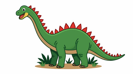 Fototapeta premium Cute Green Dinosaur with Long Neck and Red Spikes, Flat Vector Illustration Standing on Ground with Grass, Cheerful Cartoon Style