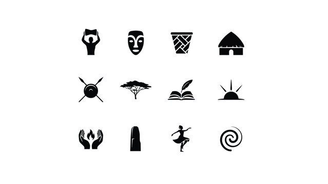 Modern black and white heritage icons set showcasing cultural symbols like dance mask hut