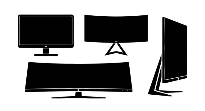 Vector illustration of set of computer monitor silhouettes in different shapes and angles on a transparent background