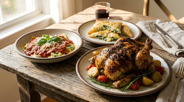 Delicious italian meal with roasted chicken ravioli and spinach calzone on a rustic wooden table