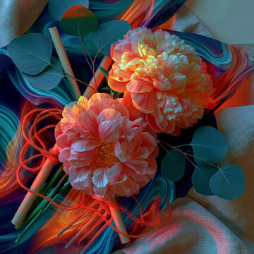 Colorful Floral Abstract with Peony Blooms and Eucalyptus Leaves