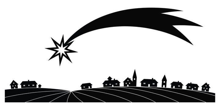 Christmas Bethlehem Town Landscape Vector Illustration Featuring Shooting Star, Nativity Night Scene, and Sacred Holiday Theme