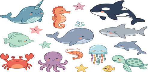 Cute sea animals vector set with cartoon ocean creatures like whale shark octopus narwhal turtle and jellyfish sticker collection © MdEajdani