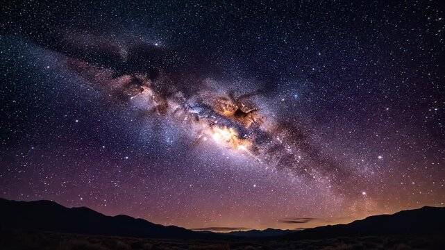 A vibrant milky way galaxy arching over a silhouetted mountain landscape under a star filled night sky