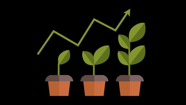 Plant growth financial trend graph. A flower pot displays a small green plant growing into a tall plant, accompanied by an upward-pointing green arrow. Flat Illustrator vector file. High quality image
