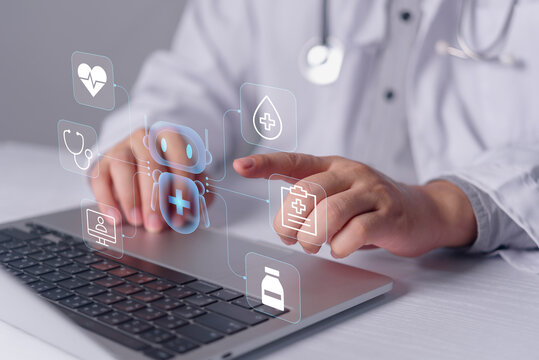 Doctor typing on a laptop with a futuristic AI medical chatbot hologram and healthcare icons, representing artificial intelligence in medicine, digital health assistants, and modern virtual care.