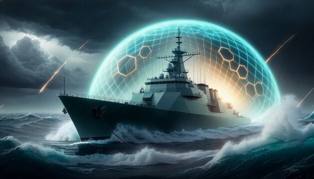 Modern naval destroyer ship with a glowing futuristic holographic energy shield dome in a stormy sea