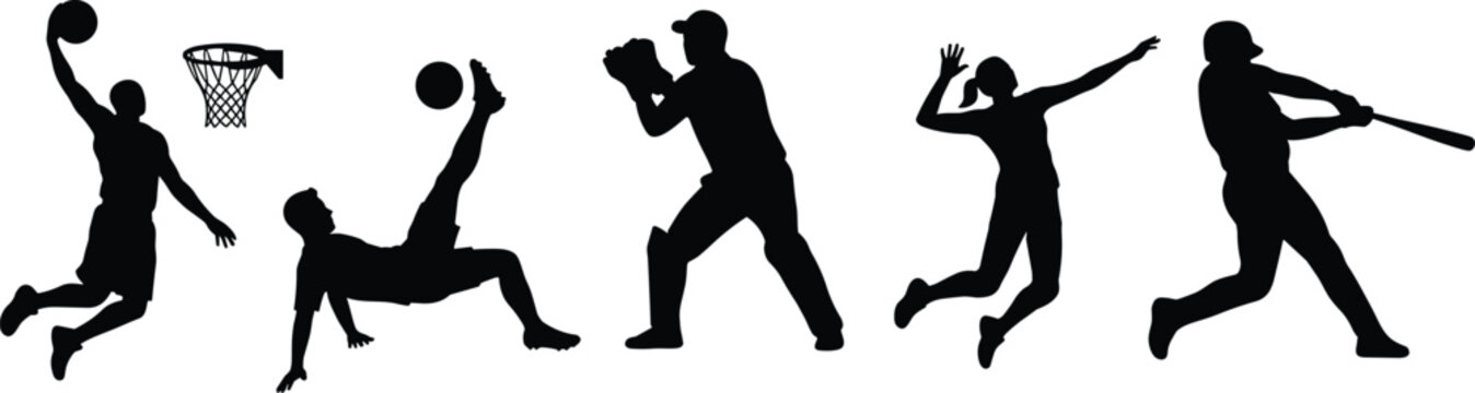 Professional vector set of team sports silhouettes including basketball soccer baseball and volleyball isolated on white background