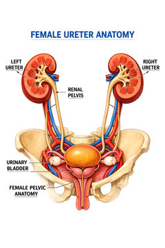 Human Ureter Anatomy Medical Illustration with Renal Pelvis, Urinary Bladder and Ureter Wall Labels

