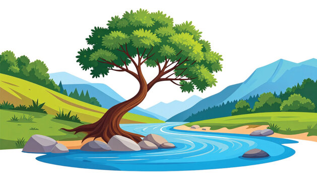 Tree standing alone by water.