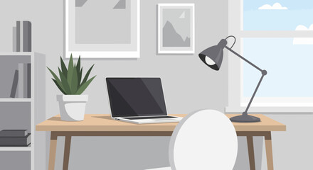 Fototapeta premium Modern Home Office Setup with Laptop, Desk Lamp, and Plant - Flat Design
