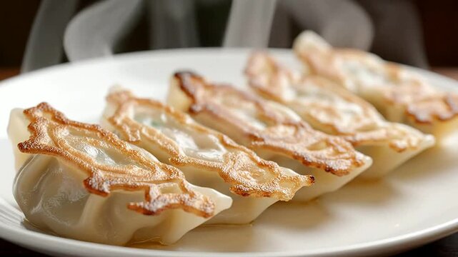 A Row Of Five Pan-Fried Gyoza Dumplings Arranged On A Plain White Plate Releasing Steam, Perfect For Asian Cuisine Appetizers
