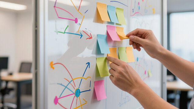 Hands arranging colorful sticky notes and mind map on whiteboard during brainstorming, creative strategy planning concept, editorial business photography with copy space