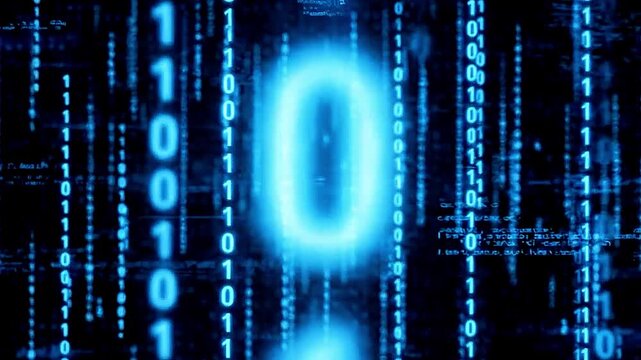 Glowing Blue Binary Code Streams on Dark Digital Background, Cybersecurity Technology Concept