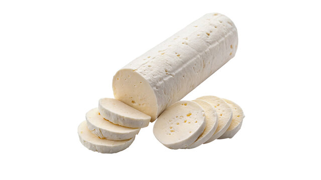Slices of traditional white goat cheese log isolated on a transparent background gourmet dairy food