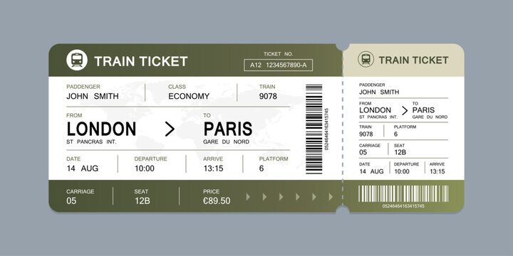 Vector flat train ticket template with passenger information and trip.