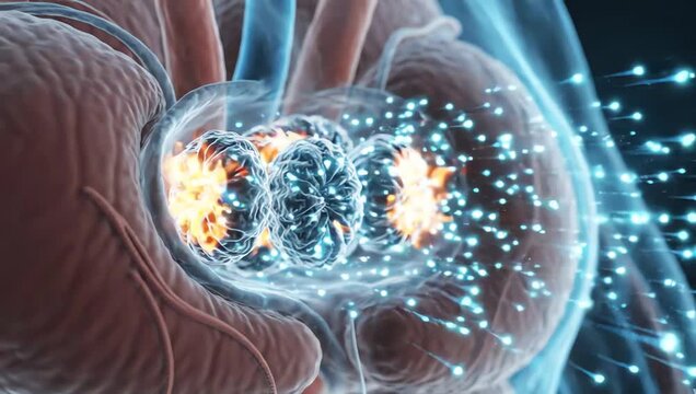 Mitochondria producing intense cellular energy during physical activity, glowing ATP-like energy particles spreading rapidly through transparent human cells