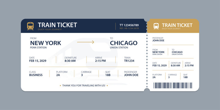 Vector flat train ticket template with passenger information and trip.