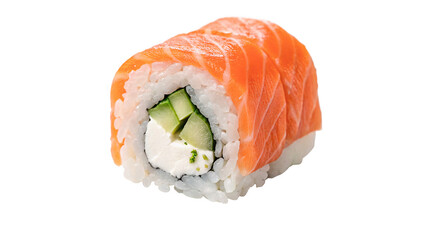 Single Japanese philadelphia sushi roll piece isolated on a transparent background traditional seafood asset © Boris