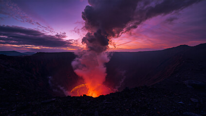 Fototapeta premium 夕焼けの火山から噴煙が立ち上る迫力ある自然風景