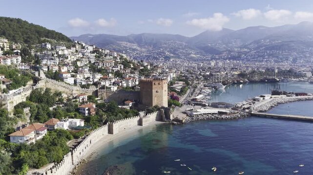 Drone Flight Over Historic Seljuk Shipyard of Alanya on Mediterranean Coast, Antalya, Turkey