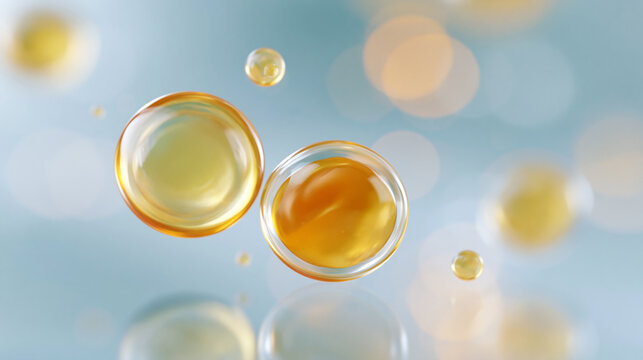 水色の背景に浮かぶ黄金色の美容成分カプセルとオイル粒子の3Dイメージ
Golden Skincare Ingredient Capsules and Oil Particles Floating on Soft Blue Background