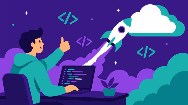 Clean flat vector illustration of a developer coding on a laptop as a rocket launches toward a cloud, ideal for software startup and cloud deployment banners.