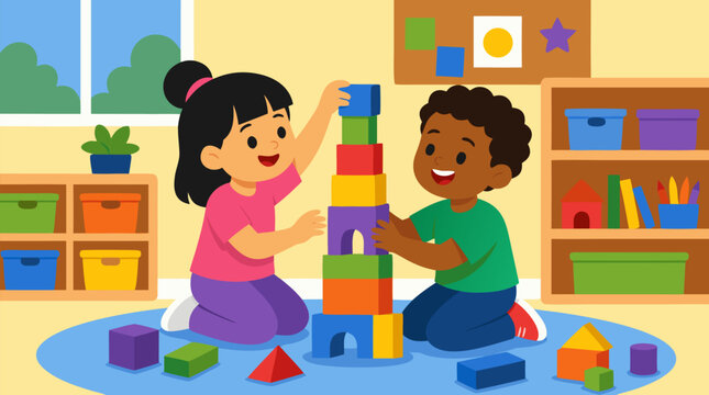 Clean flat vector illustration on a light background showing two children building a colorful block tower in a playroom, useful for preschool, learning, and childcare promotions.